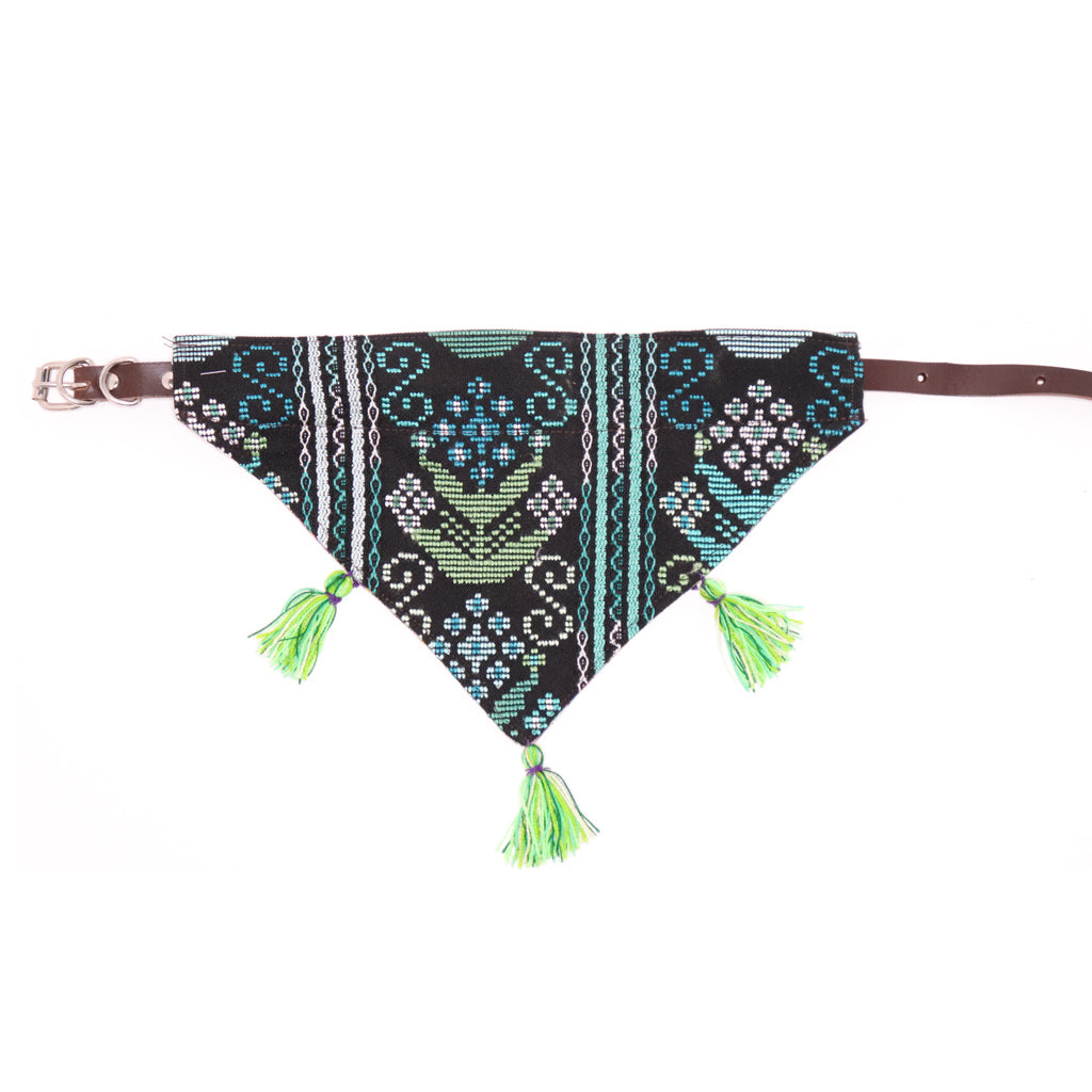 Handmade colorful bandana collar with leather collar included. Perfect for dogs and cats of all breeds and sizes